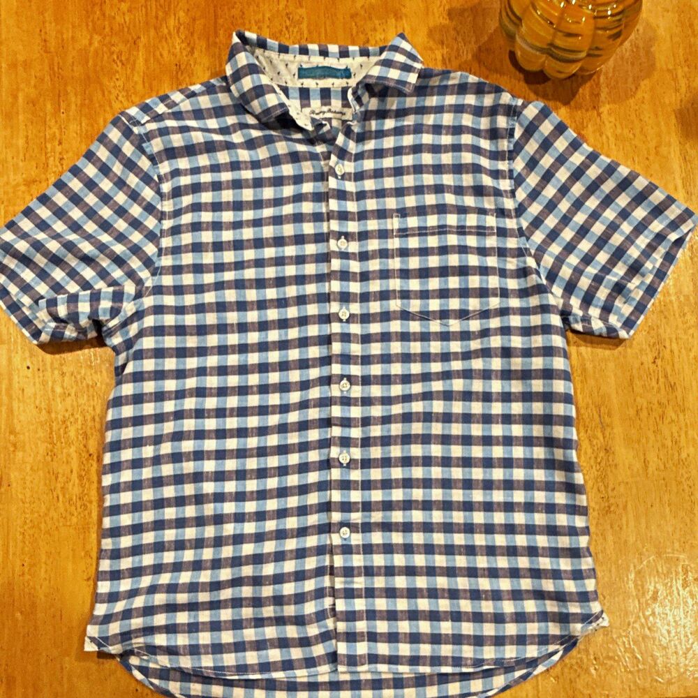 Tommy Bahama Men's M Blue/White Check Woven Short Sleeve Pocket Button-Up